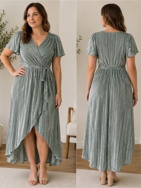 Baltic Born Mist Green Pleated High-Low Wrap Dress